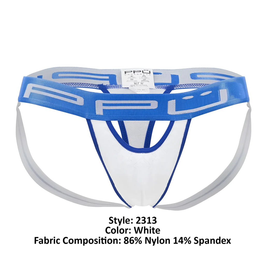 White and blue ppu 2313 peek-a-boo jockstrap with mesh waistband and ppu logo in athletic-style briefs design