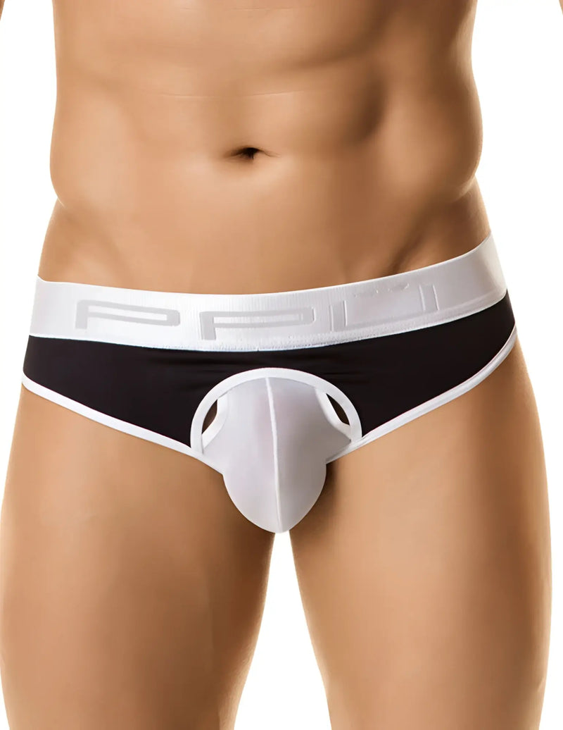 Black and white ppu brute jock strap underwear size l with transparent front panel and ppi logo waistband