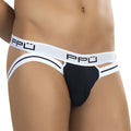 Ppu cut out stripe jock strap underwear in white and black with a cut-out design size m shown from the back side