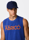 Blue sleeveless tank top with orange praia do abricó graphic print for men casual summer wear