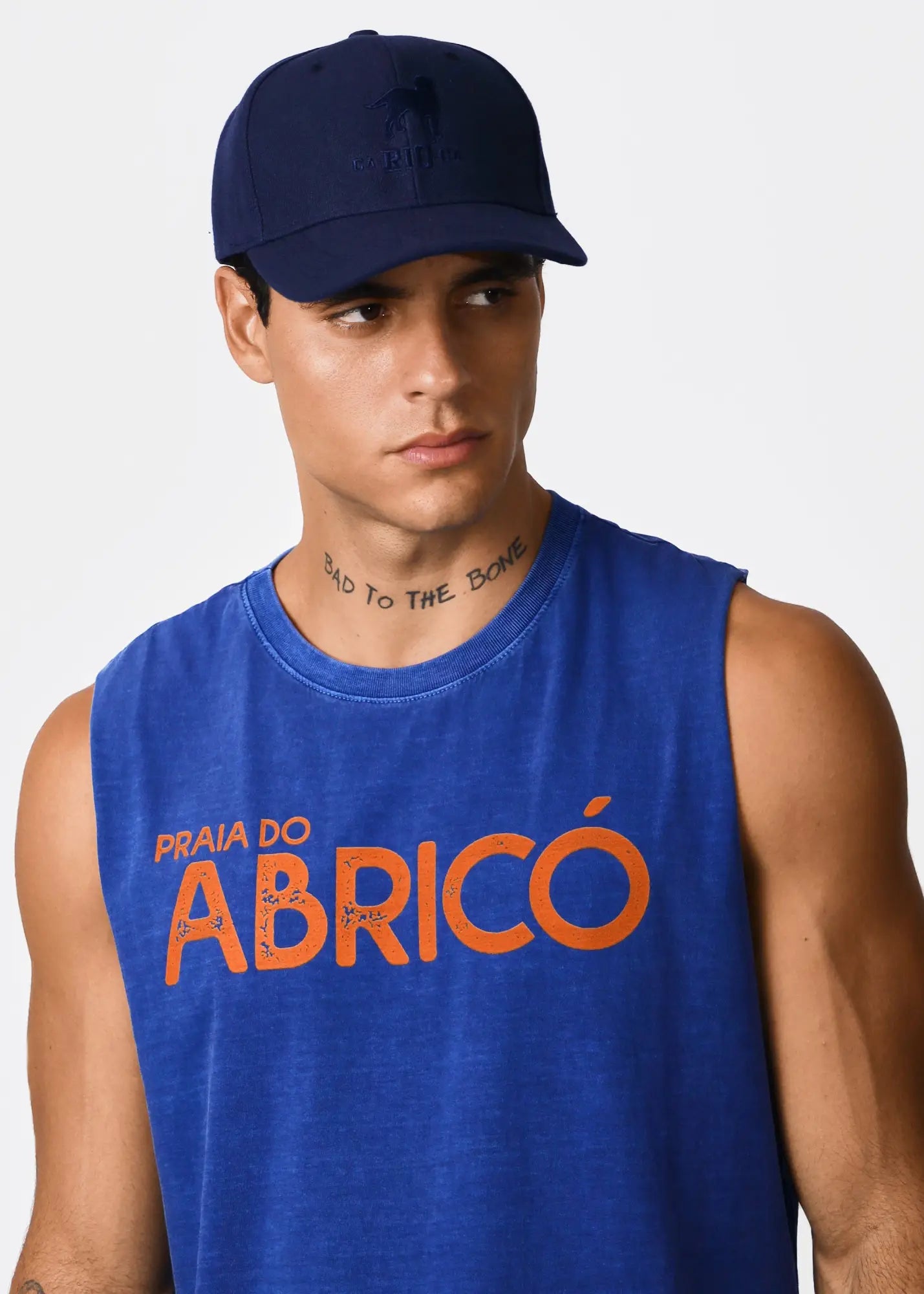 Blue sleeveless tank top with orange praia do abricó graphic print for men casual summer wear