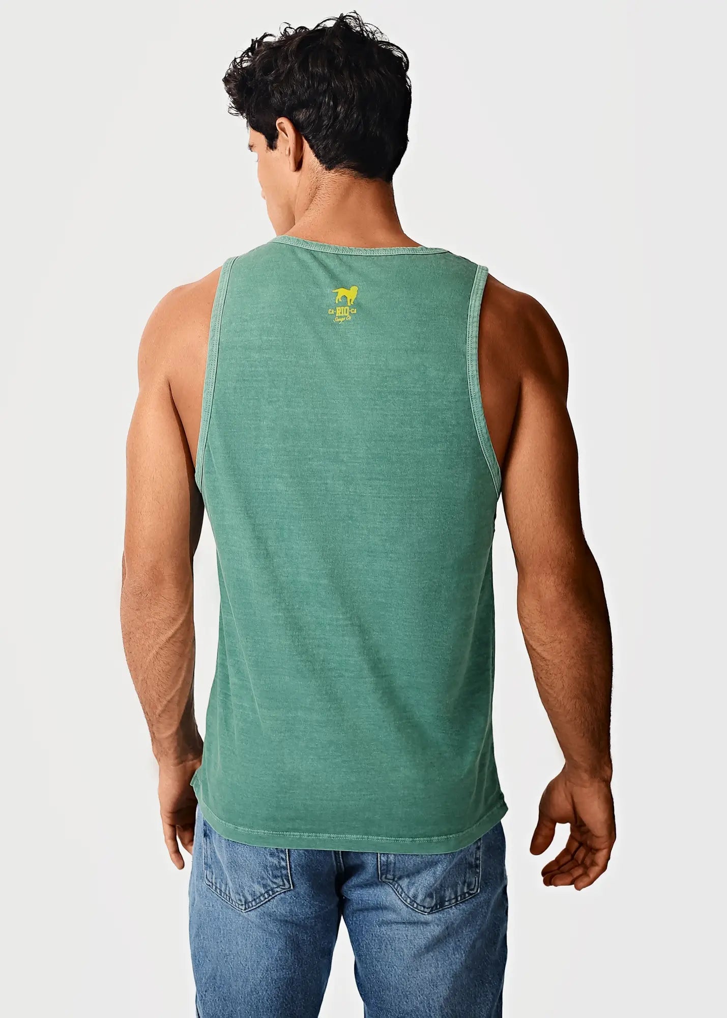 Green sleeveless tank top with subtle textured fabric and small yellow logo on the upper back for praia do abrico