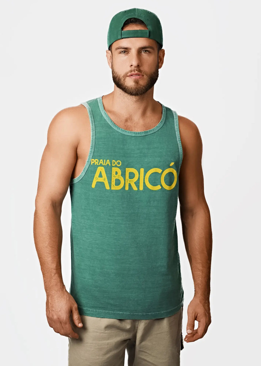 Teal faded cotton tank top with bold yellow praia do abricó lettering for men rio famous nude beach style