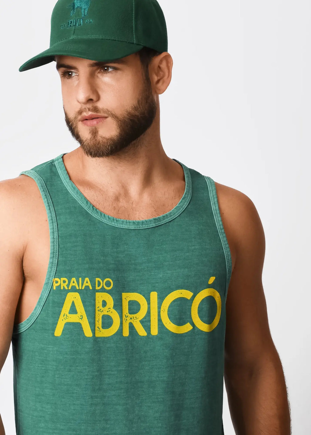 A teal heathered men’s tank top with bold yellow praia do abricó lettering across the chest for casual wear
