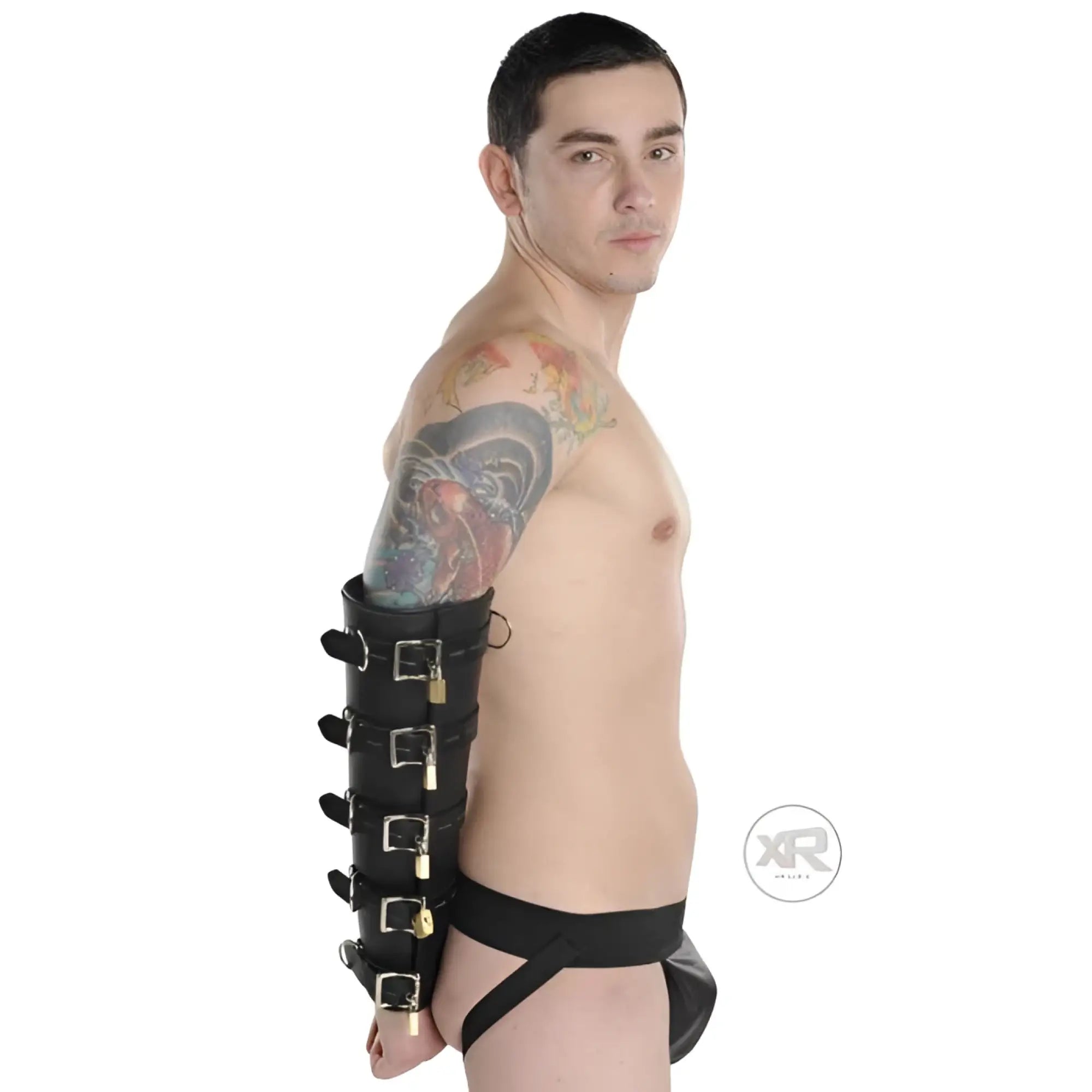 Black leather arm cuff with multiple adjustable buckles and gold tone locks for premium leather locking arm splints