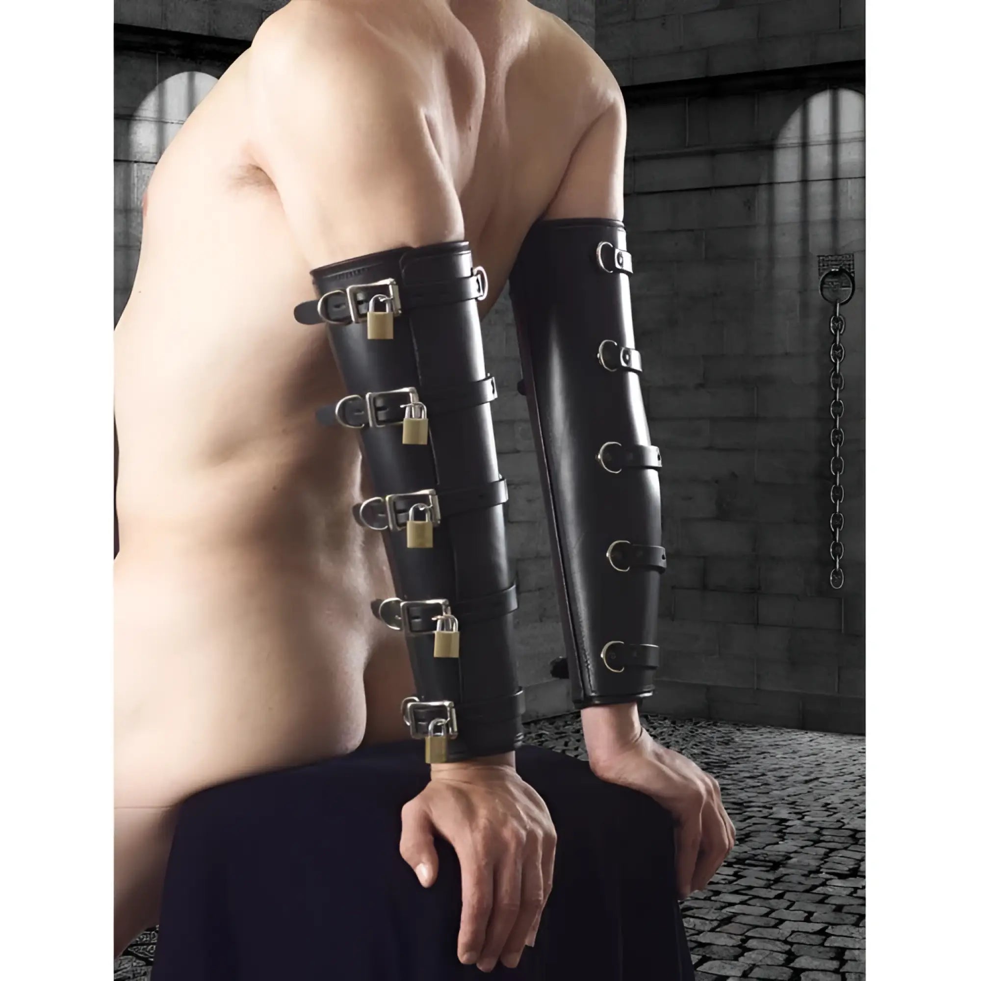 Premium leather locking arm splints in black with gold padlocks and metal buckles for secure restraint use