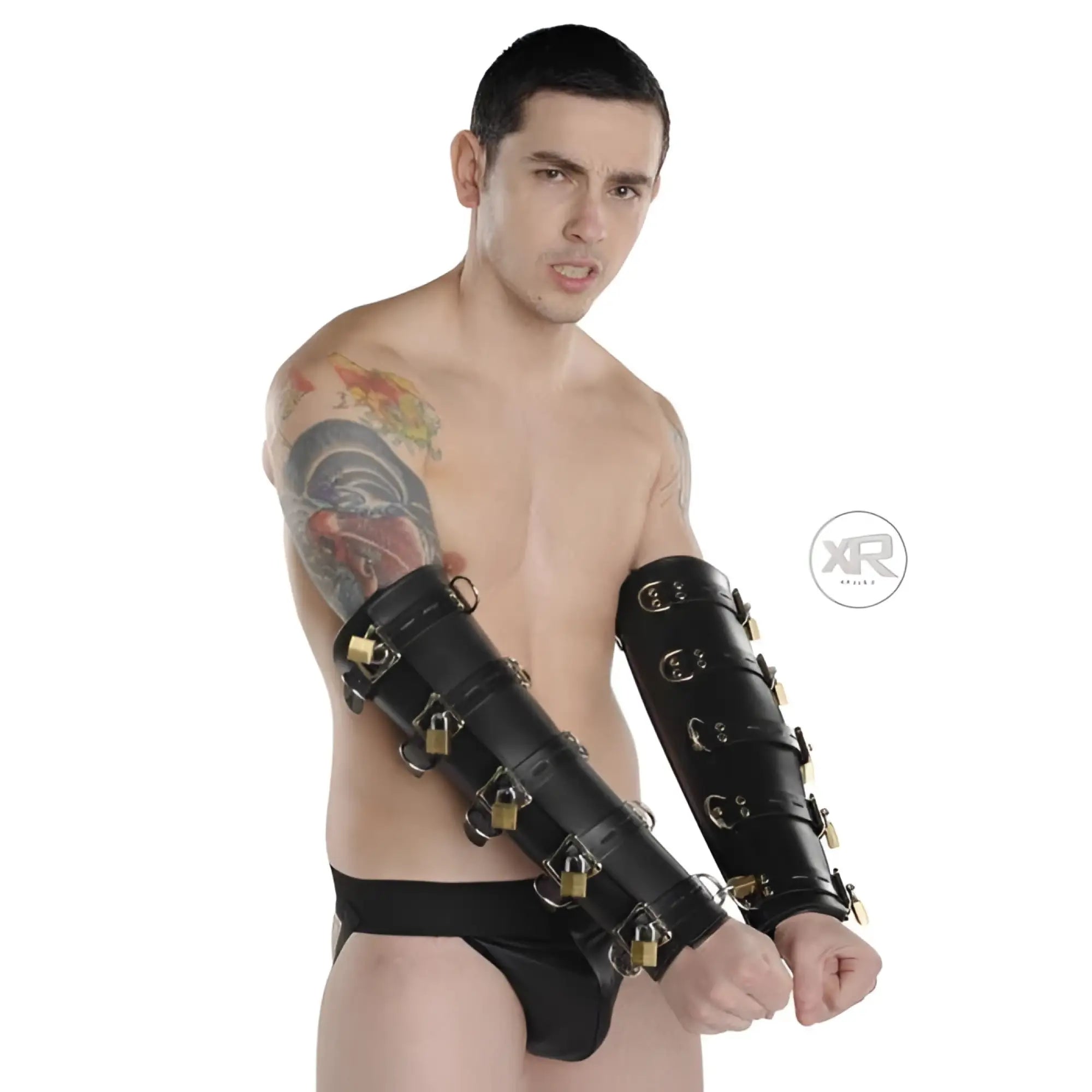 Premium leather locking arm splints in black with gold padlocks and metal buckles for secure arm restraint