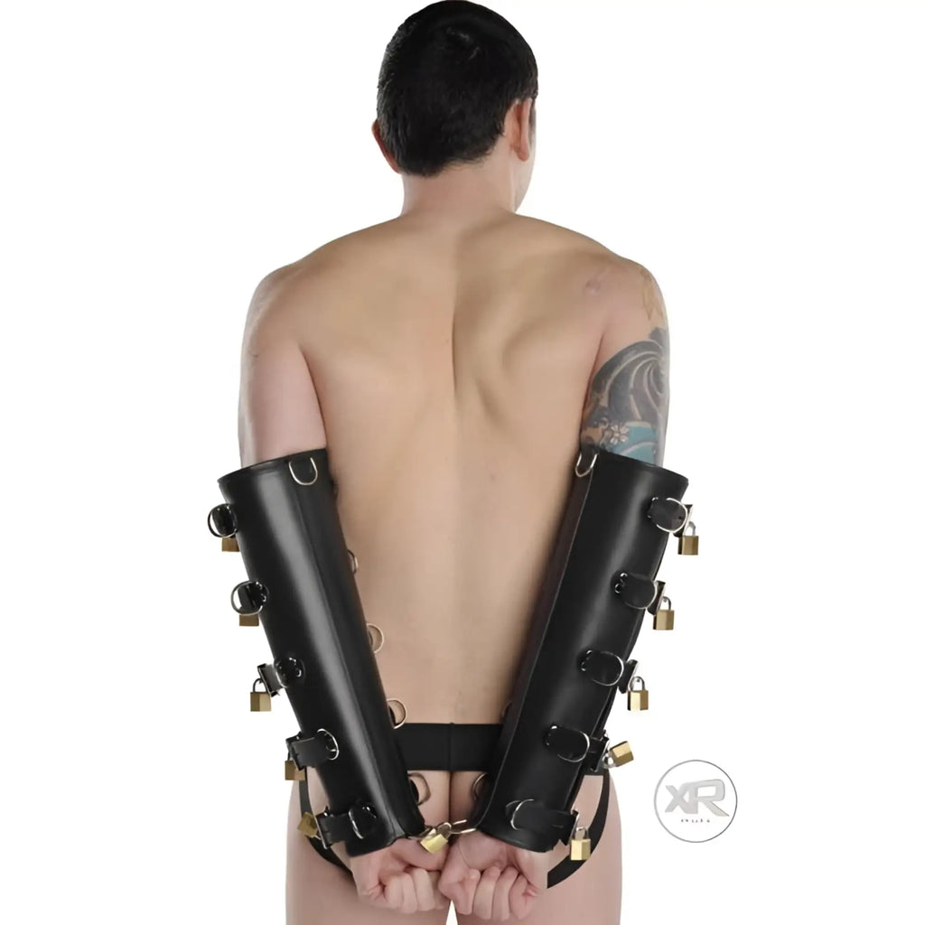 Black leather arm cuffs with gold-colored padlocks and metal rings premium leather locking arm splints