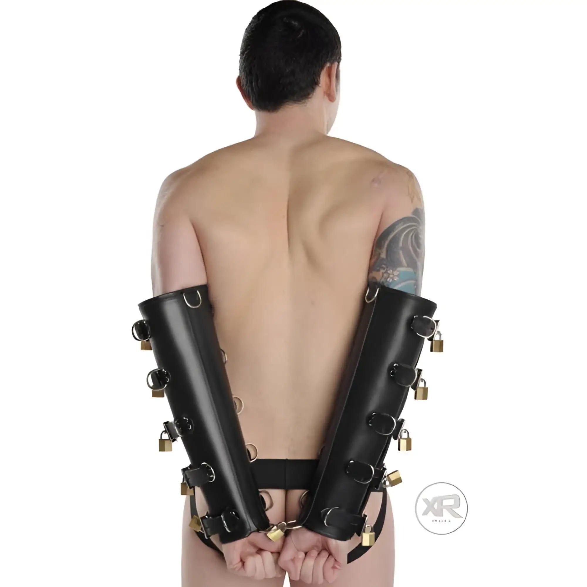 Black leather arm cuffs with gold-colored padlocks and metal rings premium leather locking arm splints