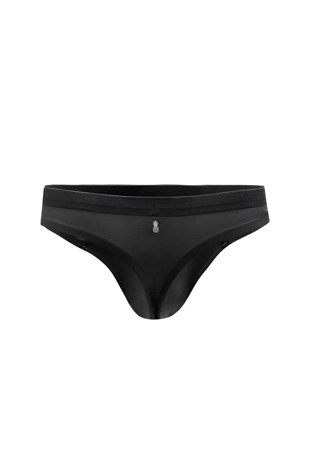 Black premium modal athletic thong with subtle textured waistband and small pineapple logo embroidered center