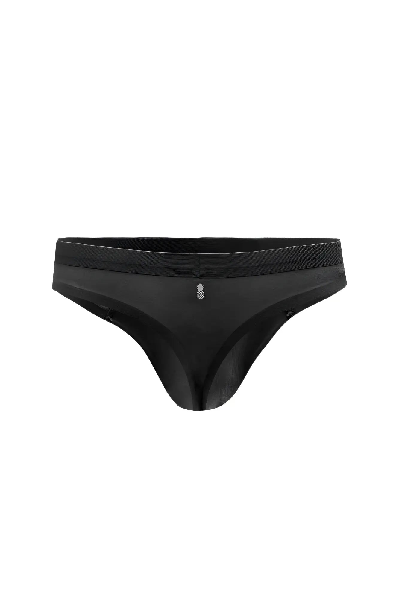 Black premium modal athletic thong with subtle textured waistband and small pineapple logo embroidered center
