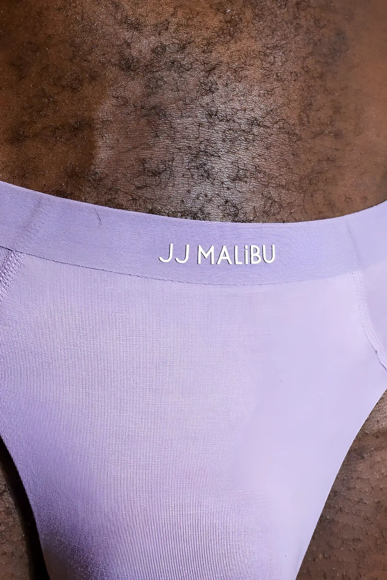 Lavender purple premium modal athletic thong with soft stretchy fabric waistband featuring jj malibu branding