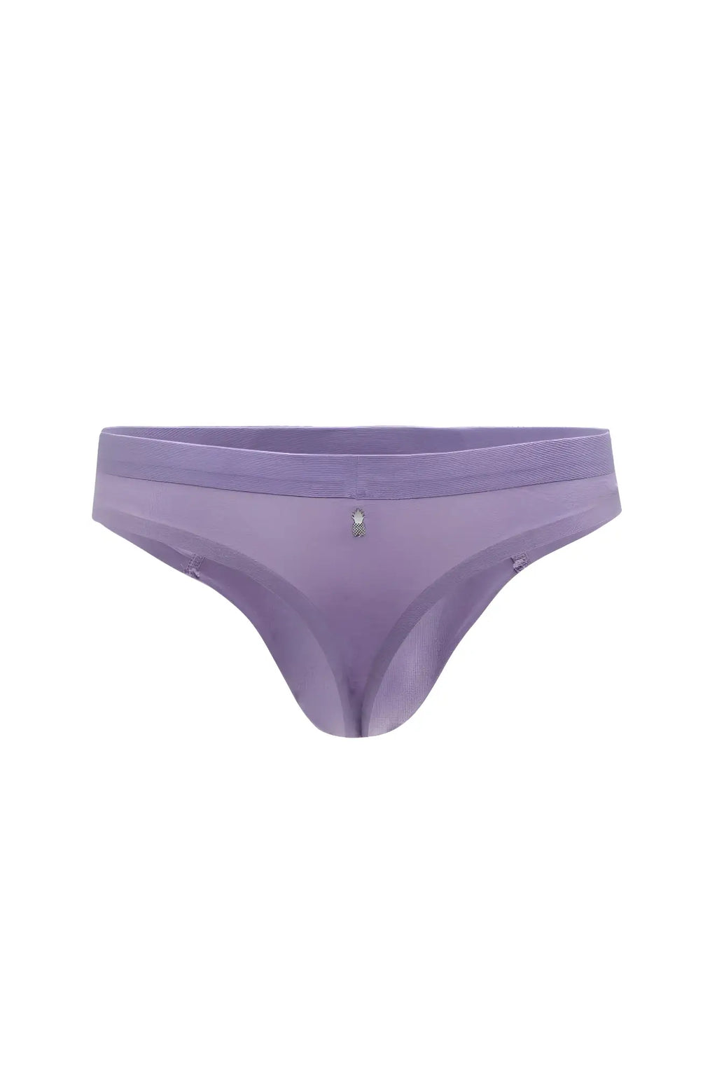 Premium modal athletic thong in purple sheer mesh with textured waistband and crystal accent at center front