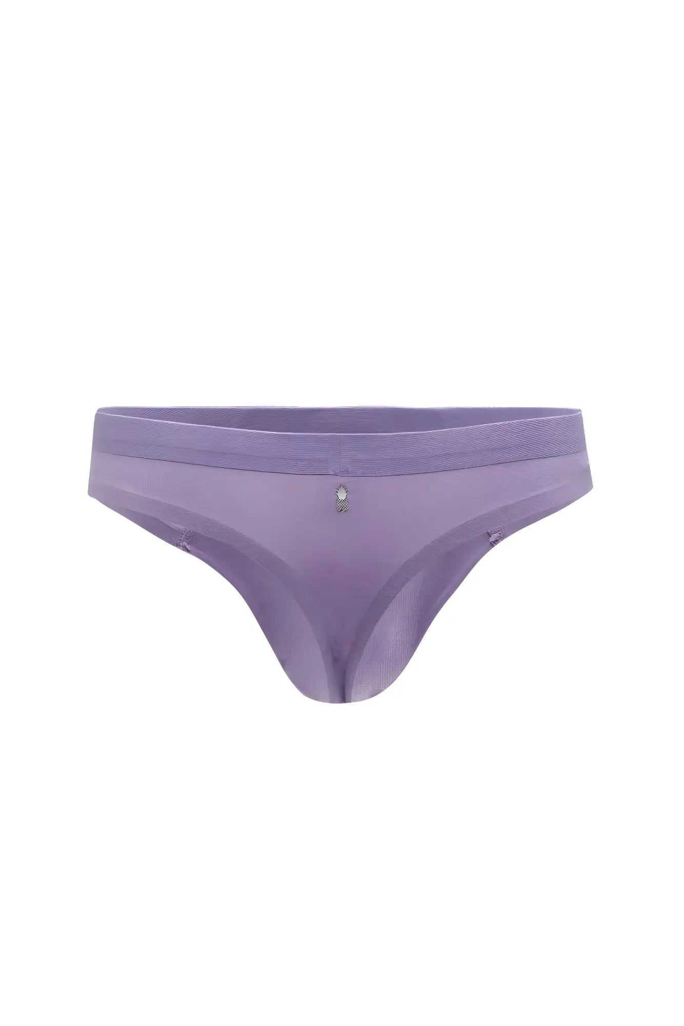 Premium modal athletic thong in purple sheer mesh with textured waistband and crystal accent at center front