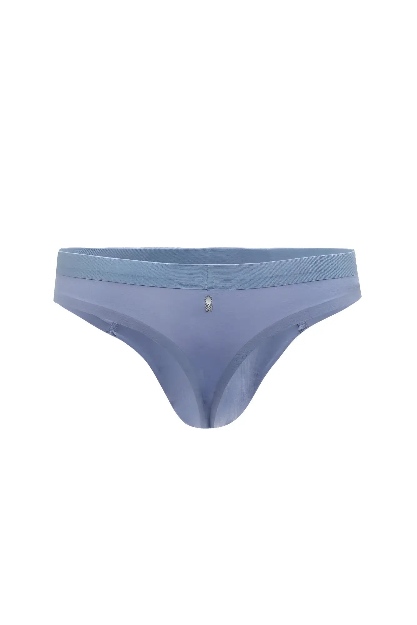 Premium modal athletic thong in steel blue with textured waistband and small diamond embellishment at center front