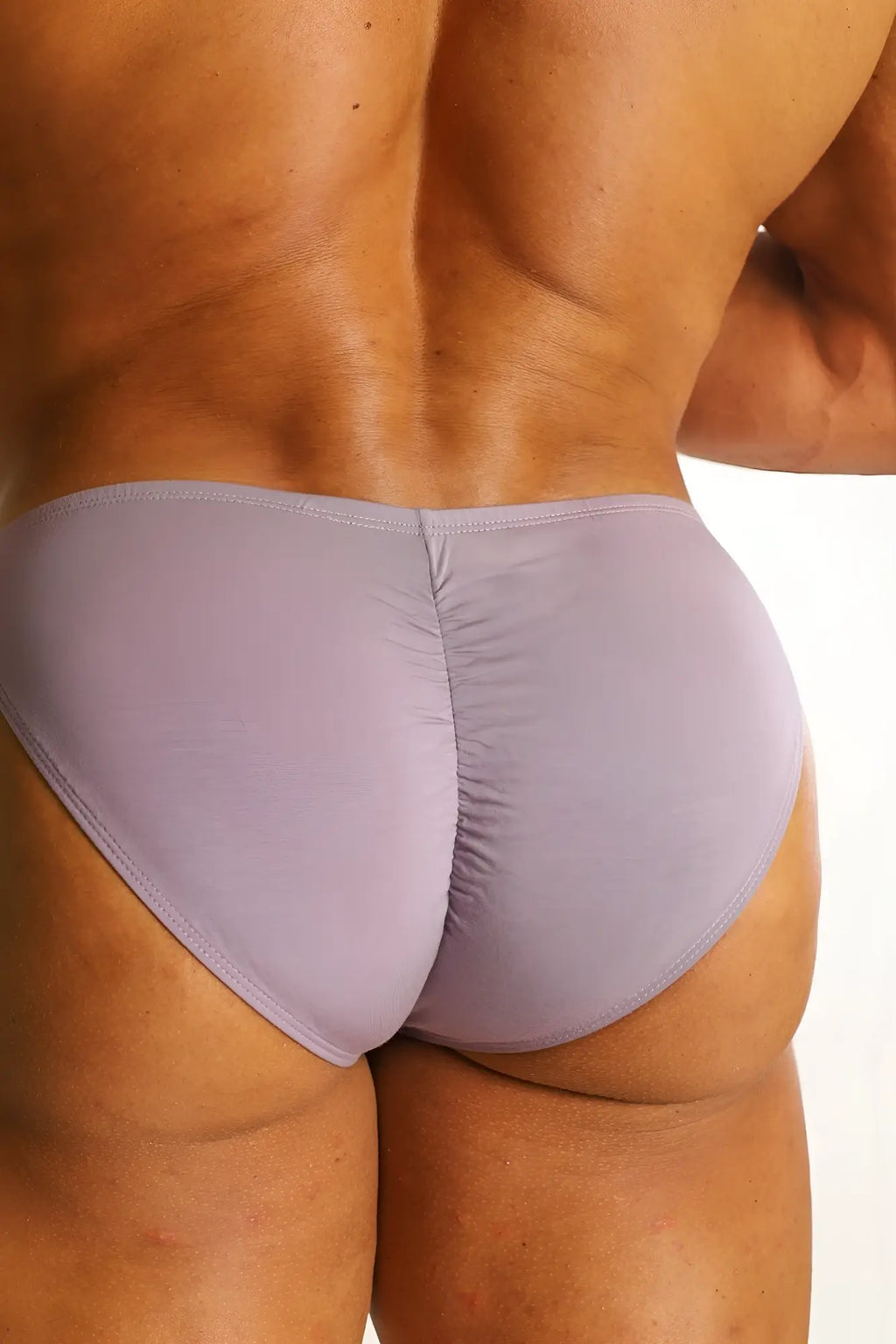 Lavender-colored premium modal scrunch-back athletic briefs showing ruched back design for active wear