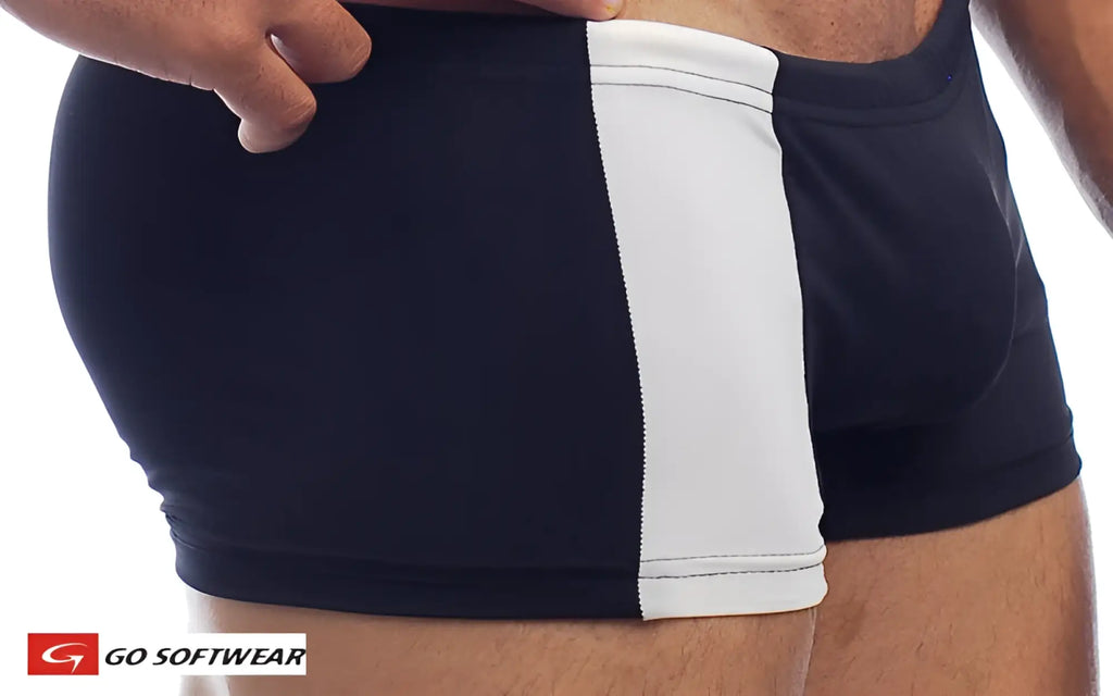 Black and white priapos sq-cut athletic briefs with bold vertical stripe and smooth fabric featuring a c-ring design