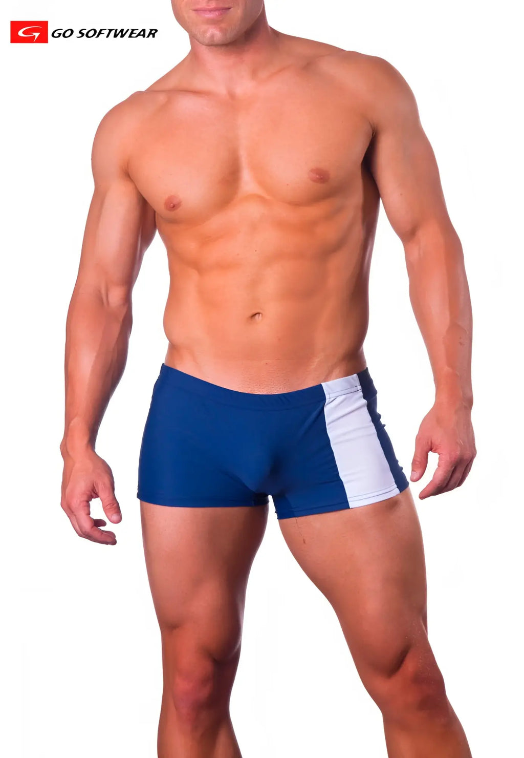 Priapos sq-cut w c-ring blue and white athletic swim trunks with side panel design for performance swimming