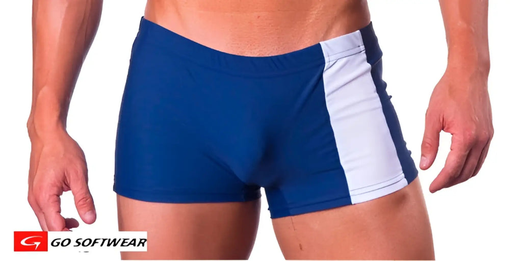 Priapos sq-cut w c-ring blue and white athletic swim trunks with bold vertical stripe design for swimming