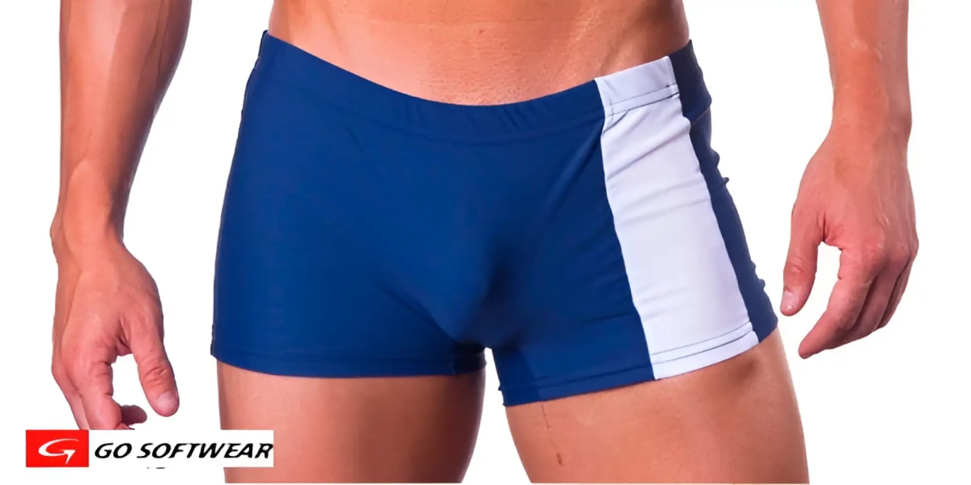 Priapos sq-cut w c-ring blue and white athletic swim trunks with bold vertical stripe design for swimming