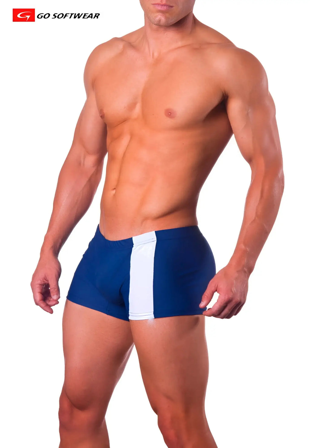 Blue and white striped swim trunks by go softwear priapos sq cut with c ring designed for swim and beachwear