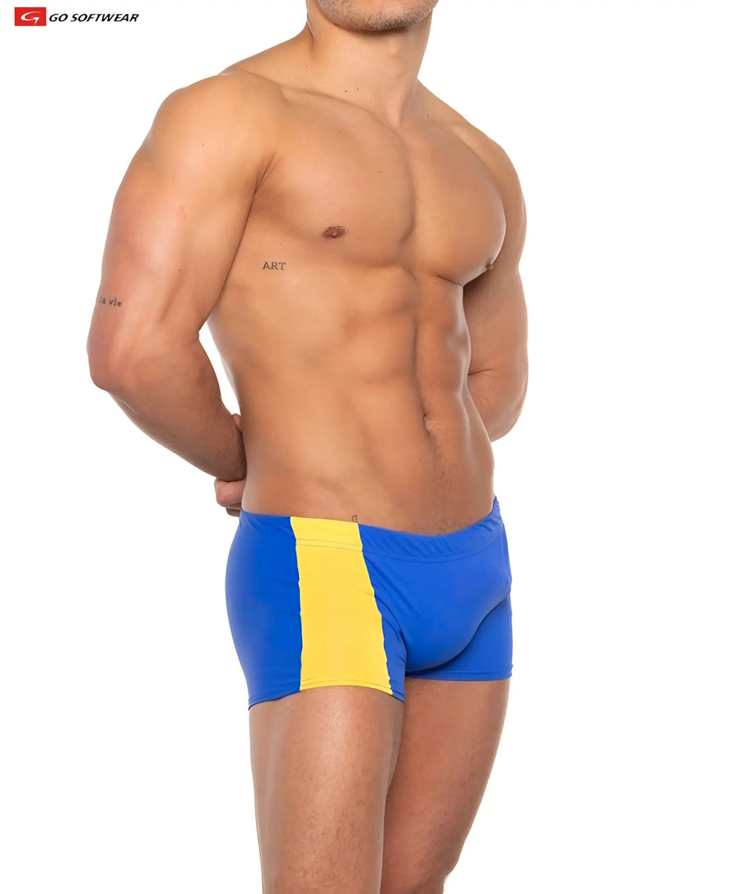 Priapos sq-cut swim trunks in blue and yellow stripes with sleek form-fitting design and c-ring detail