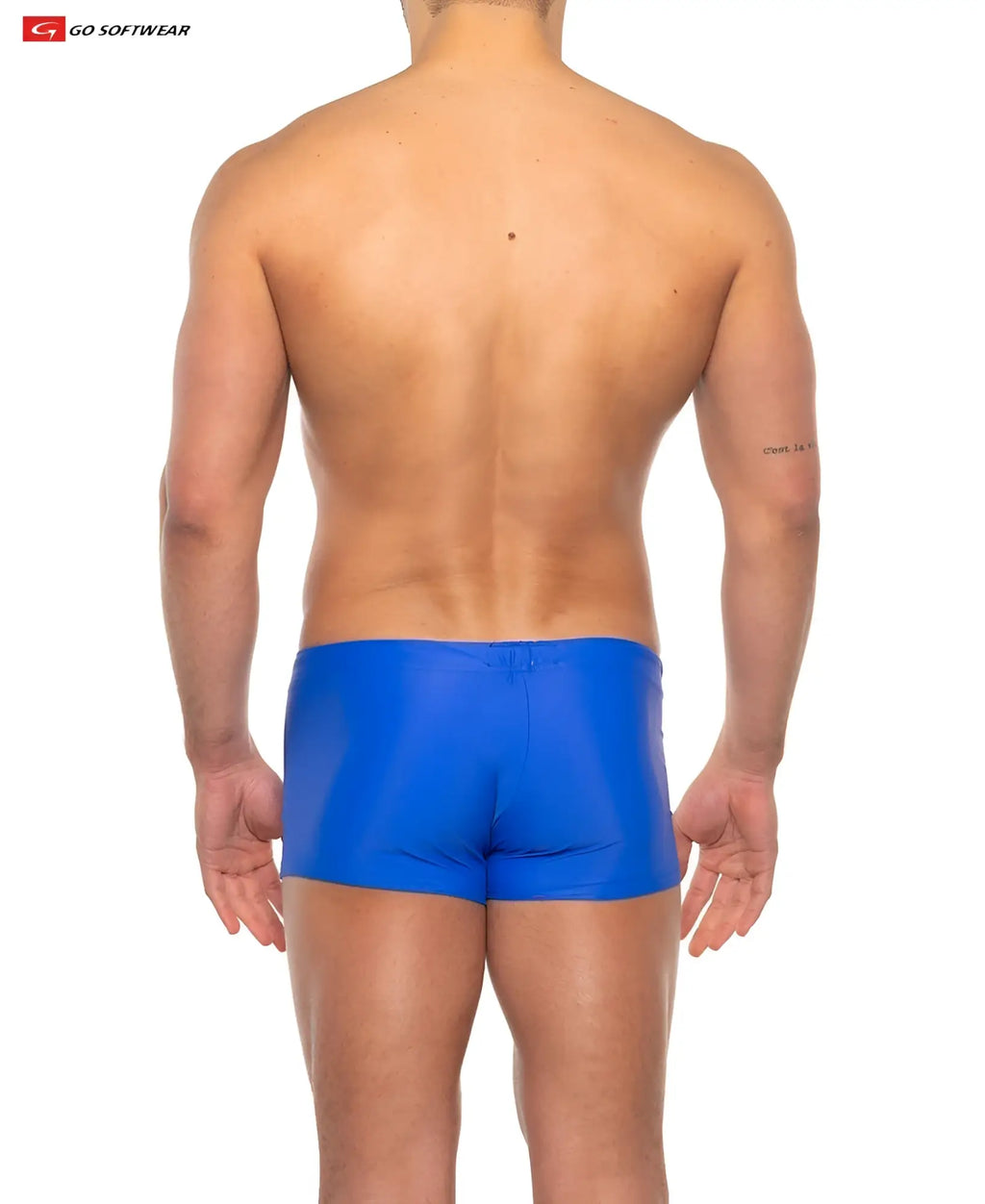 Bright blue sleek form-fitting swim trunks with c-ring from go softwear priapos sq-cut for swim and beachwear