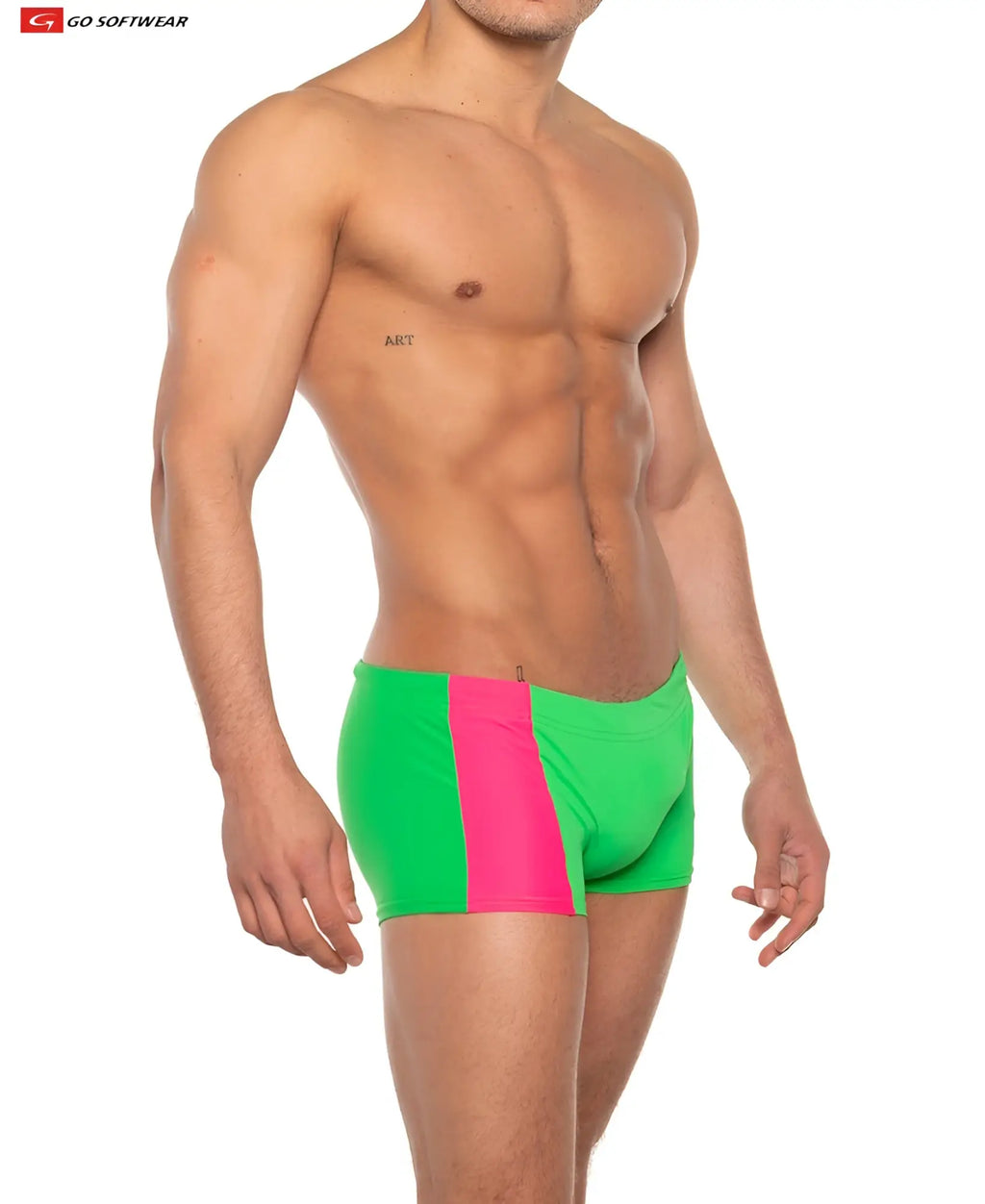 Priapos sq cut swim trunks in bright green and pink stripes with c ring and bold modern design