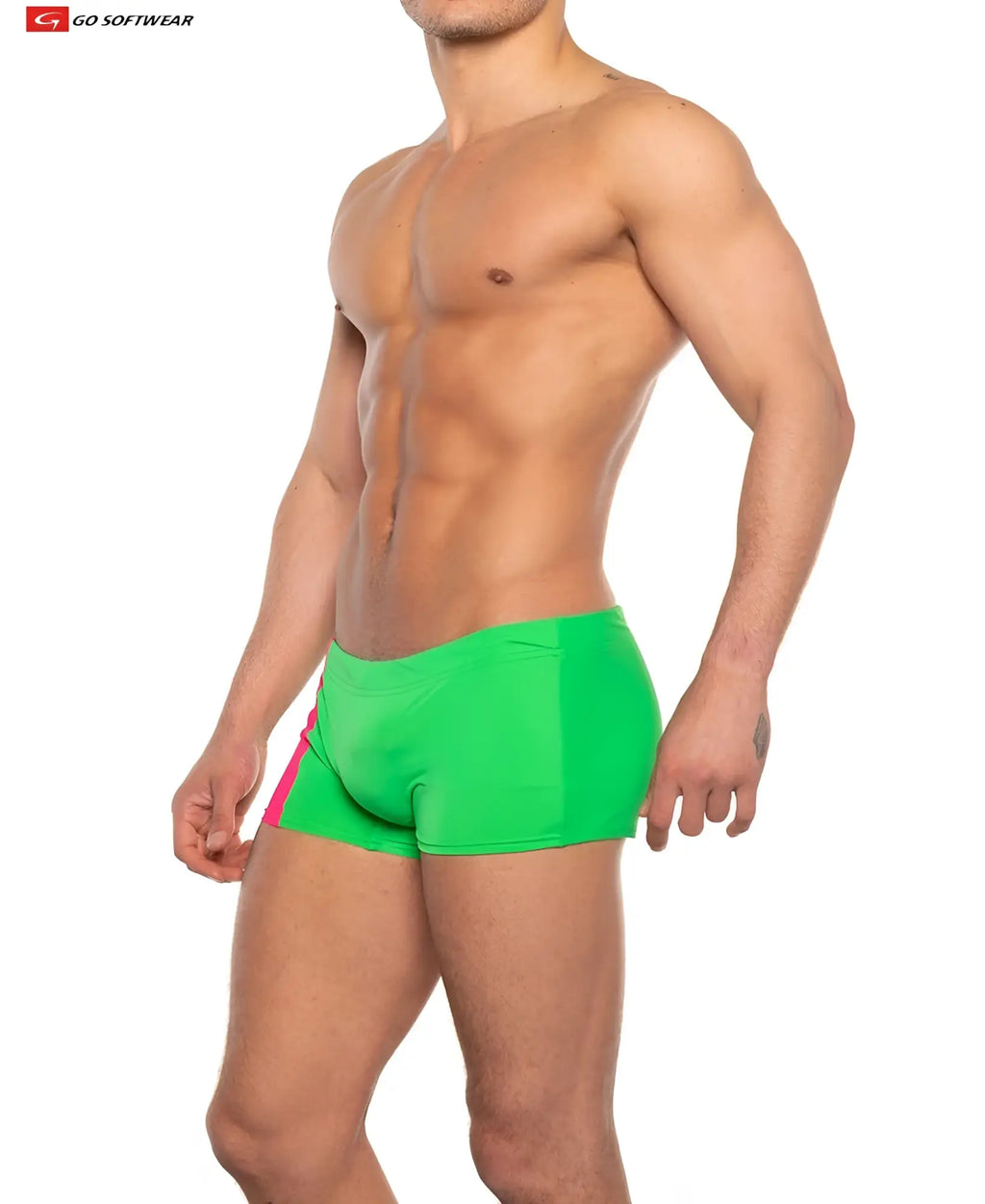 Priapos sq-cut w c-ring bright green swim trunks with pink side panel snug fit and smooth fabric
