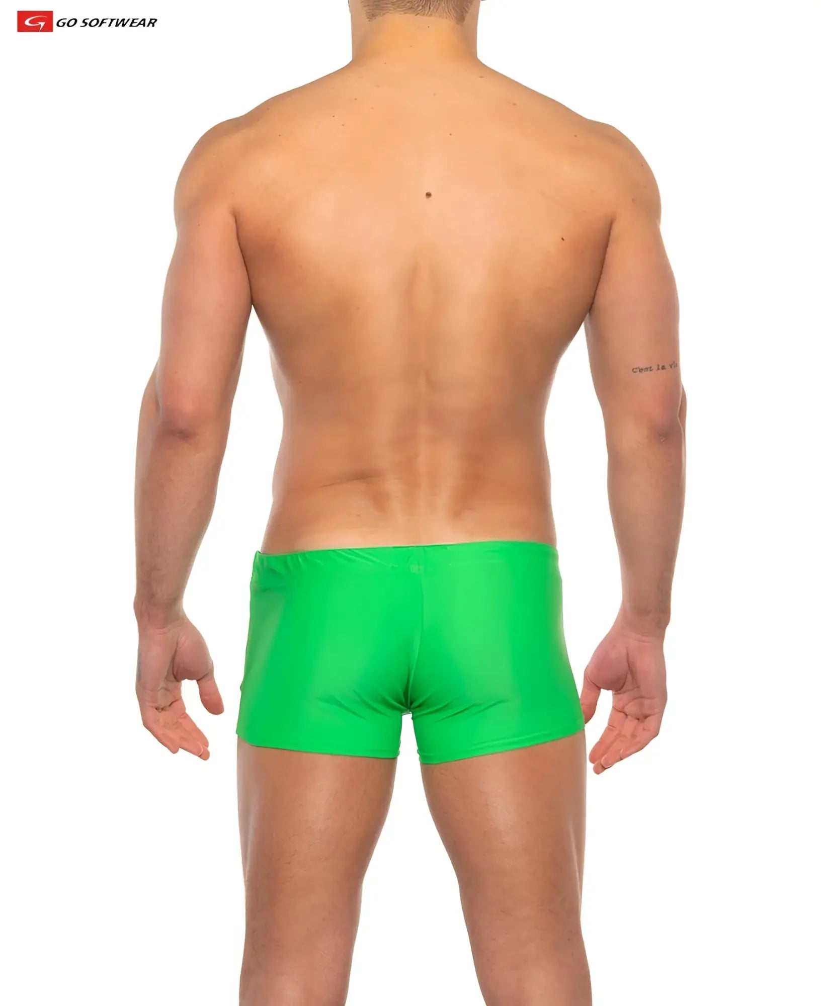 Bright green form-fitting swim trunks with c-ring from go softwear priapos sq-cut for beach and pool use