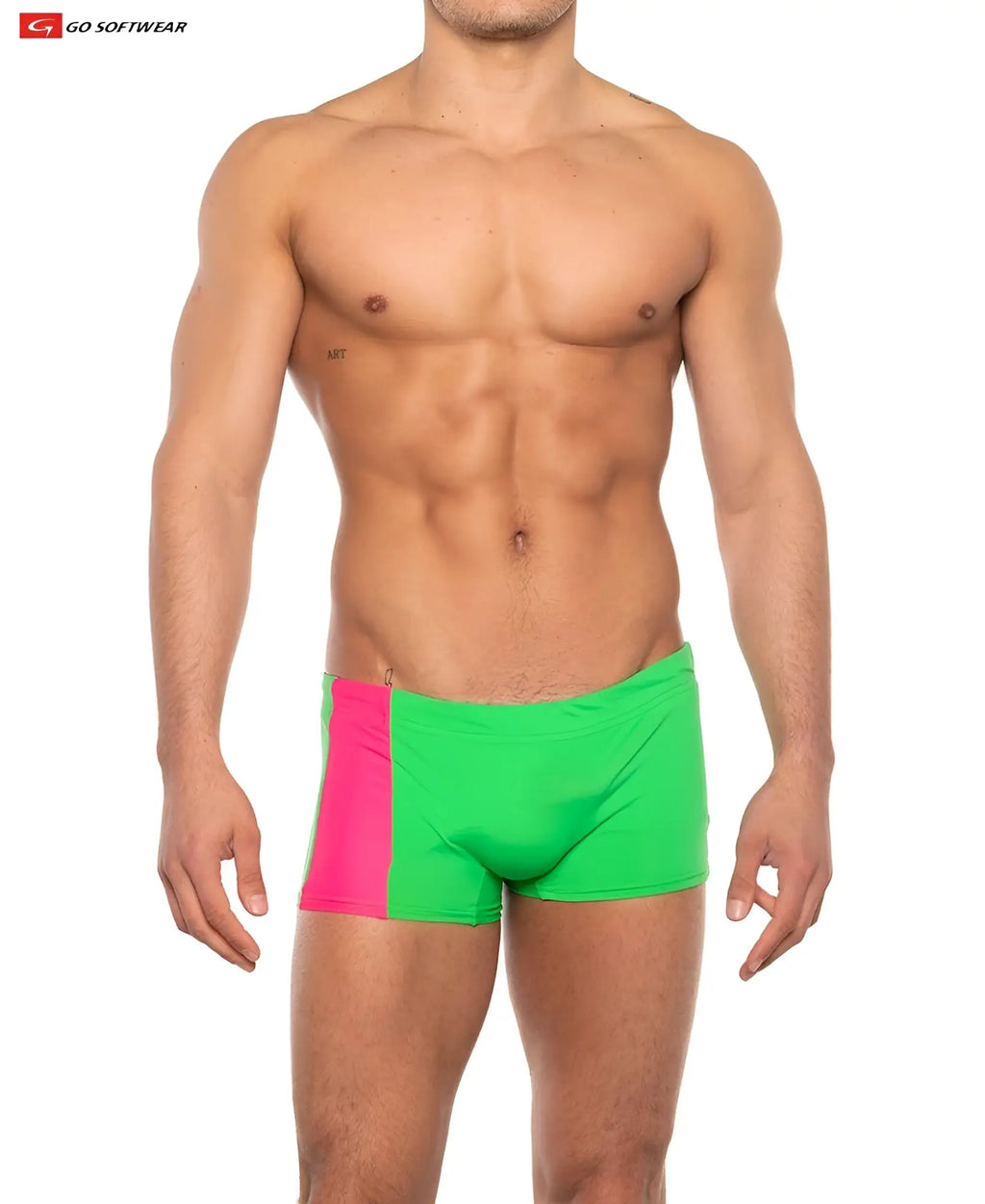 Priapos sq-cut swim trunks with c-ring in bright neon green and pink two-tone sleek modern design