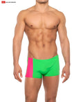 Priapos sq-cut swim trunks with c-ring in bright neon green and pink two-tone sleek modern design