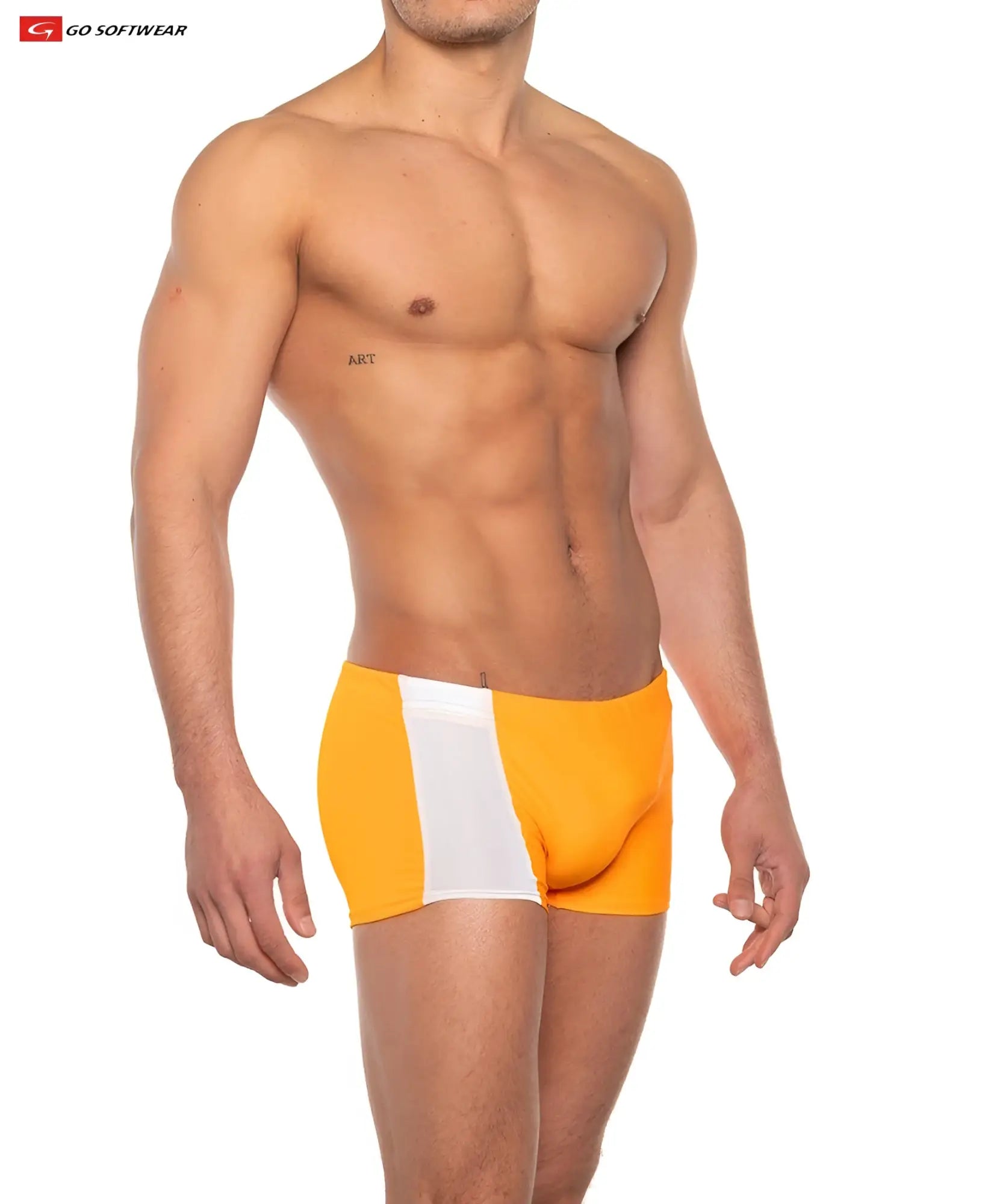 Priapos sq-cut swim trunks in bright orange and white stripes with a sleek modern design and c-ring detail