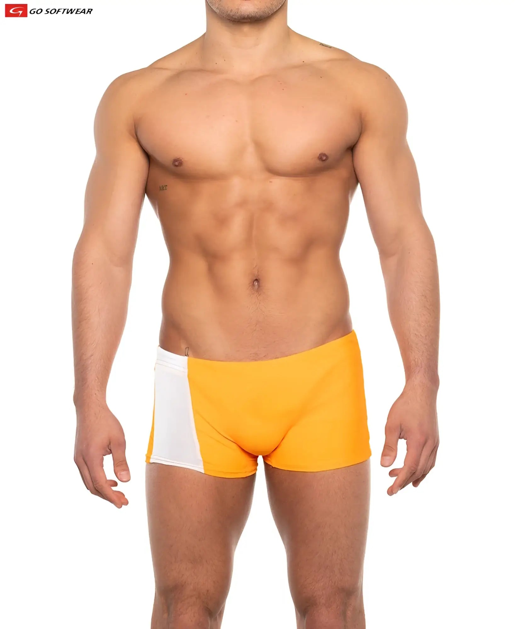 Priapos sq-cut swim trunks in bright orange and white two-tone with a sleek modern design and c-ring detail