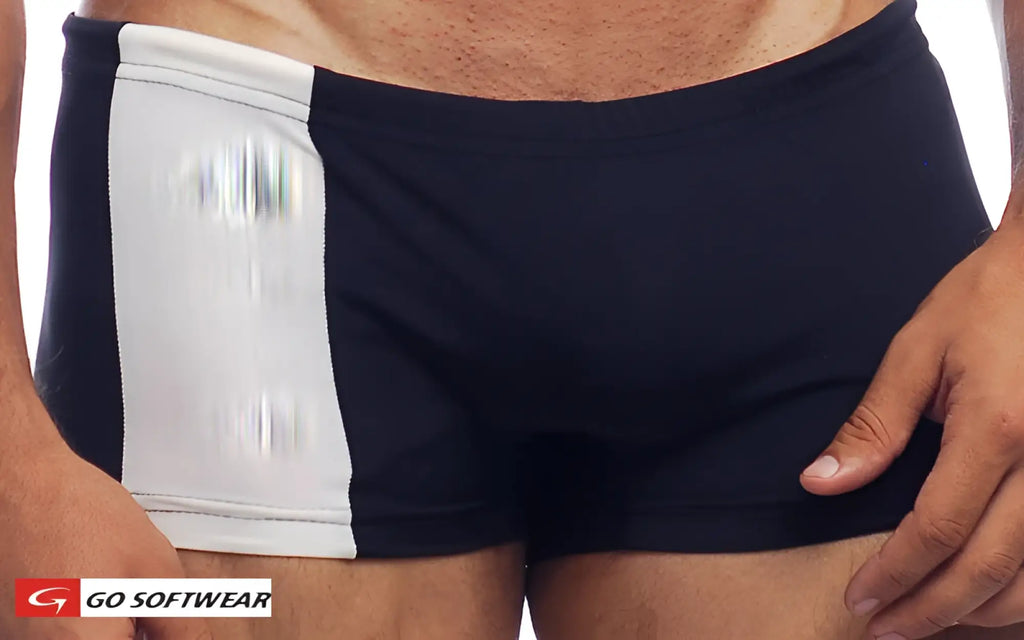 Navy blue and white athletic swim trunks priapos sq cut with c ring featuring vertical stripe design