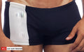 Navy blue and white athletic swim trunks priapos sq cut with c ring featuring vertical stripe design