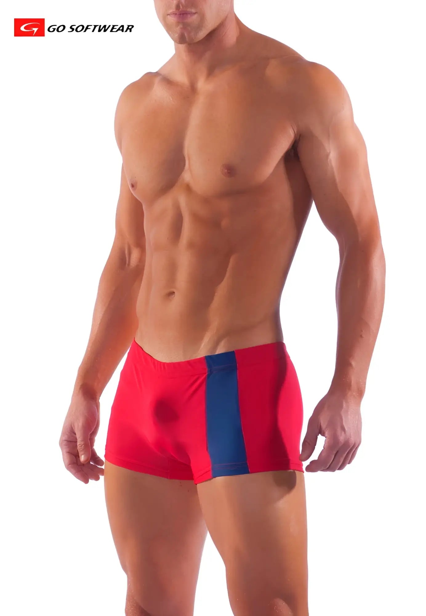 Red and blue striped men’s swim trunks by go softwear priapos sq-cut with c-ring designed for swimwear use