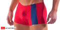 Priapos sq-cut swim trunks with c-ring featuring red and blue stripes and a snug, form-fitting design