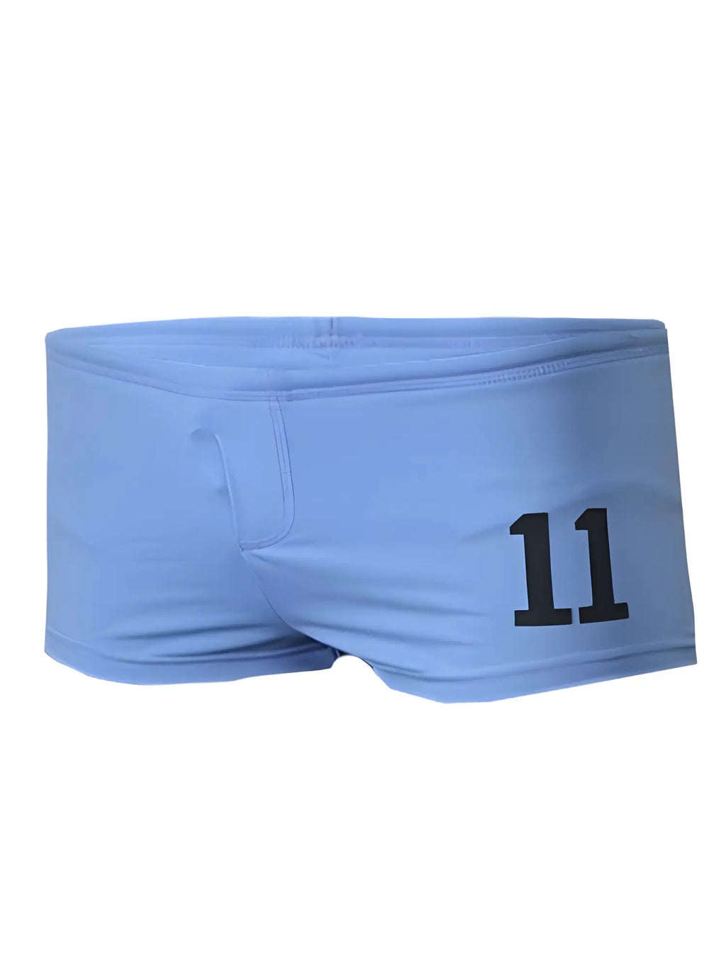 Light blue pride 11 brief swim trunks with bold black number 11 printed on the side for swimming and beachwear