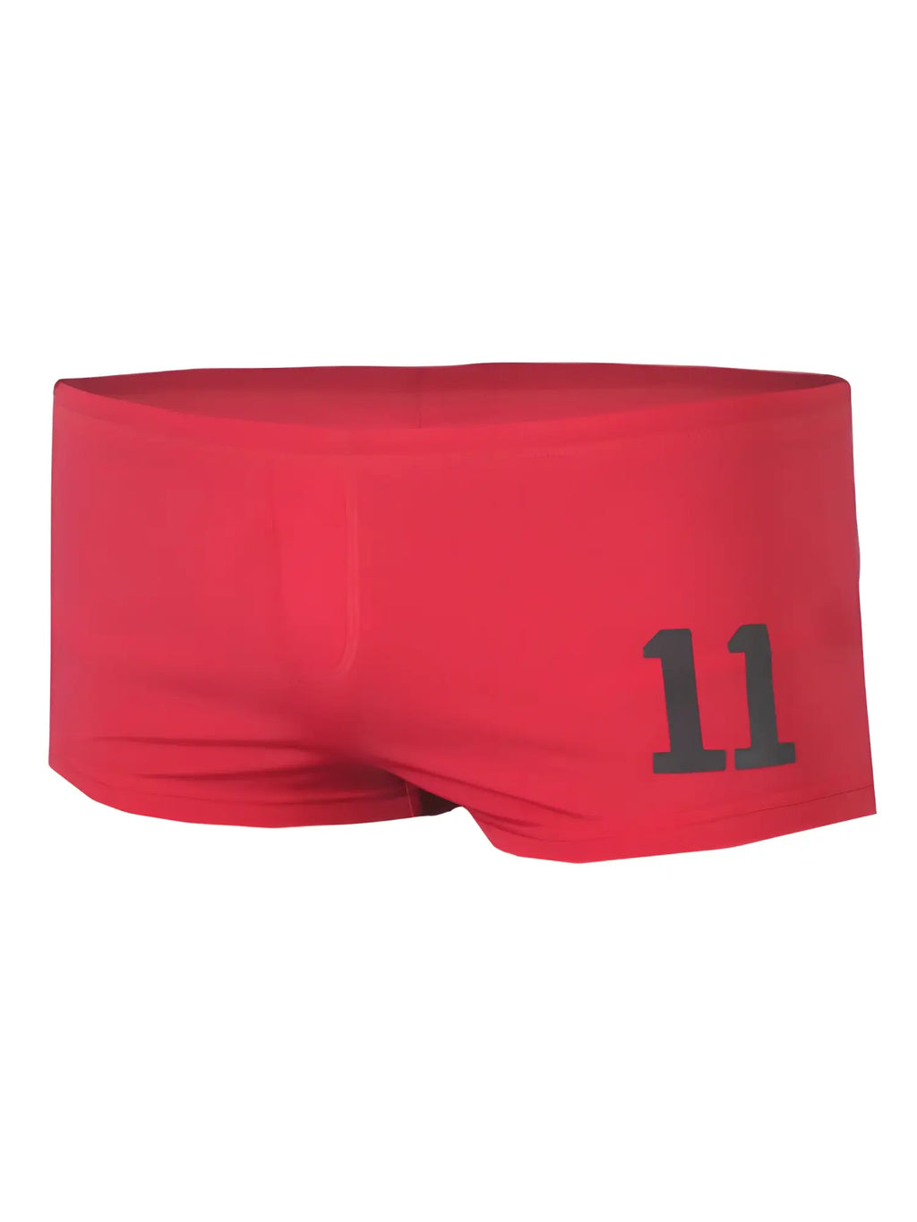 Red pride 11 brief swim trunks featuring black number 11 printed on the side perfect for swimming and beachwear