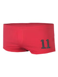Red pride 11 brief swim trunks featuring black number 11 printed on the side perfect for swimming and beachwear