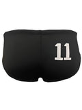 Back side of pride 11 swim brief black athletic shorts with bold white number 11 embroidered on the back