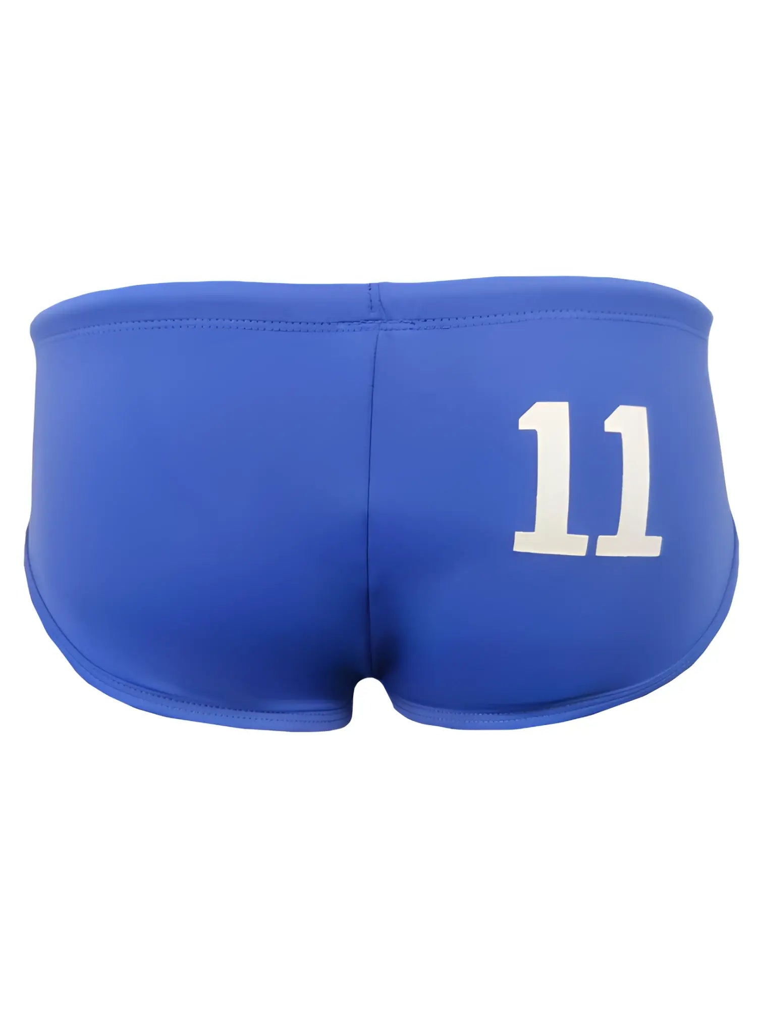 Bright blue pride 11 swim brief showing back side with bold white number 11 printed on athletic fabric shorts