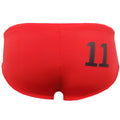 Bright red pride 11 swim brief athletic back view with bold black number 11 printed on the fabric