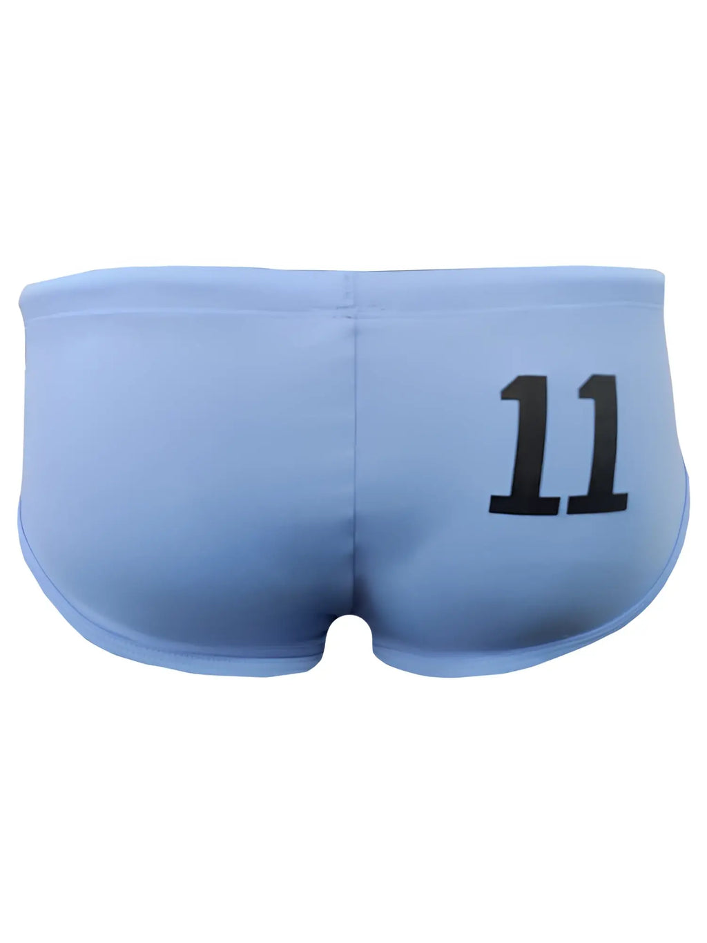 Light blue pride 11 swim brief with black number 11 printed on the back side for swimming use