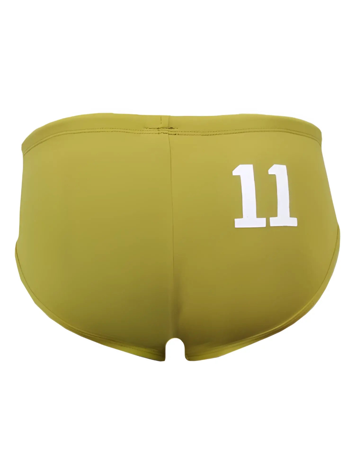 Olive green pride 11 swim brief showing the back with white number 11 printed on lightweight fabric