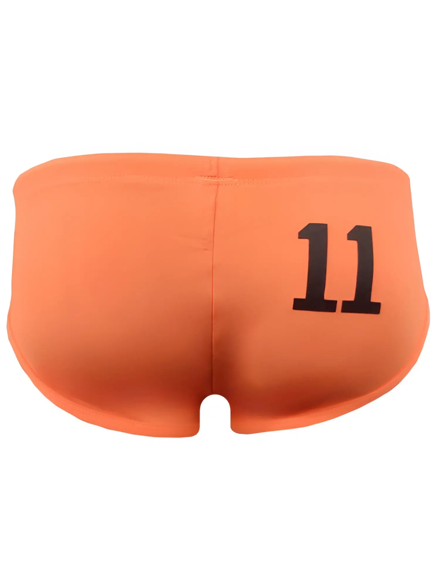 Back view of pride 11 swim brief showing orange athletic shorts with black number 11 printed on the back