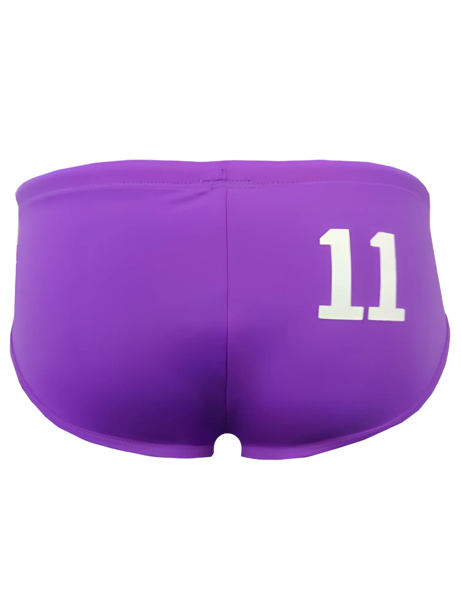 Back view of purple pride 11 swim brief with white number 11 printed on the athletic shorts