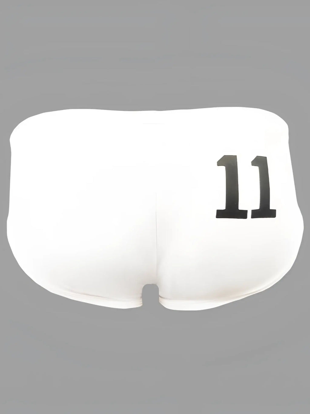 Back of white Pride 11 swim brief with black 11 printed on the briefs made of stretch fabric