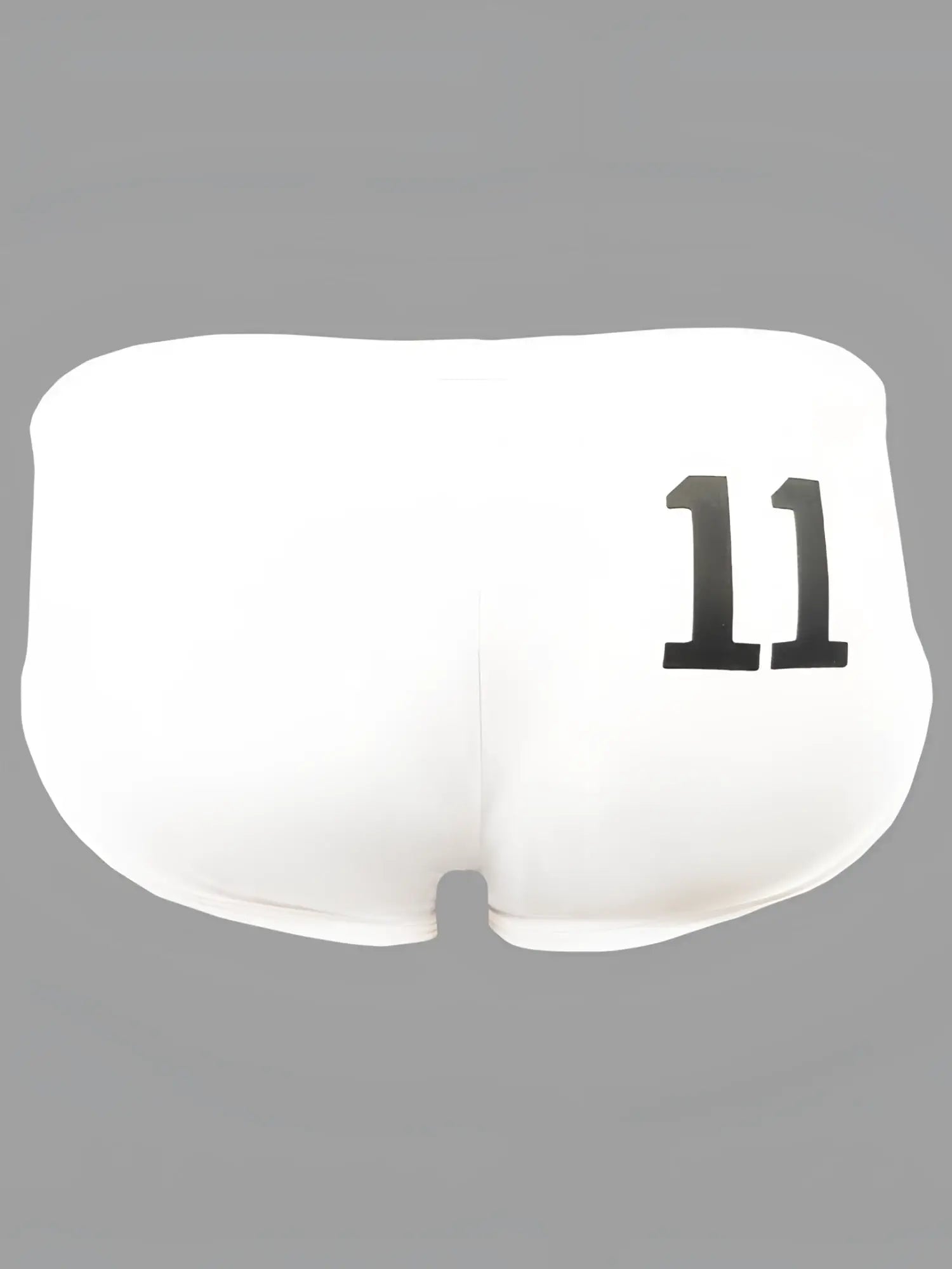 Back of white Pride 11 swim brief with black 11 printed on the briefs made of stretch fabric